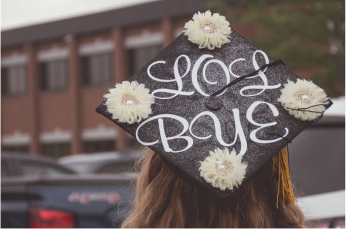 simple grad cap decoration that says "LOL BYE"