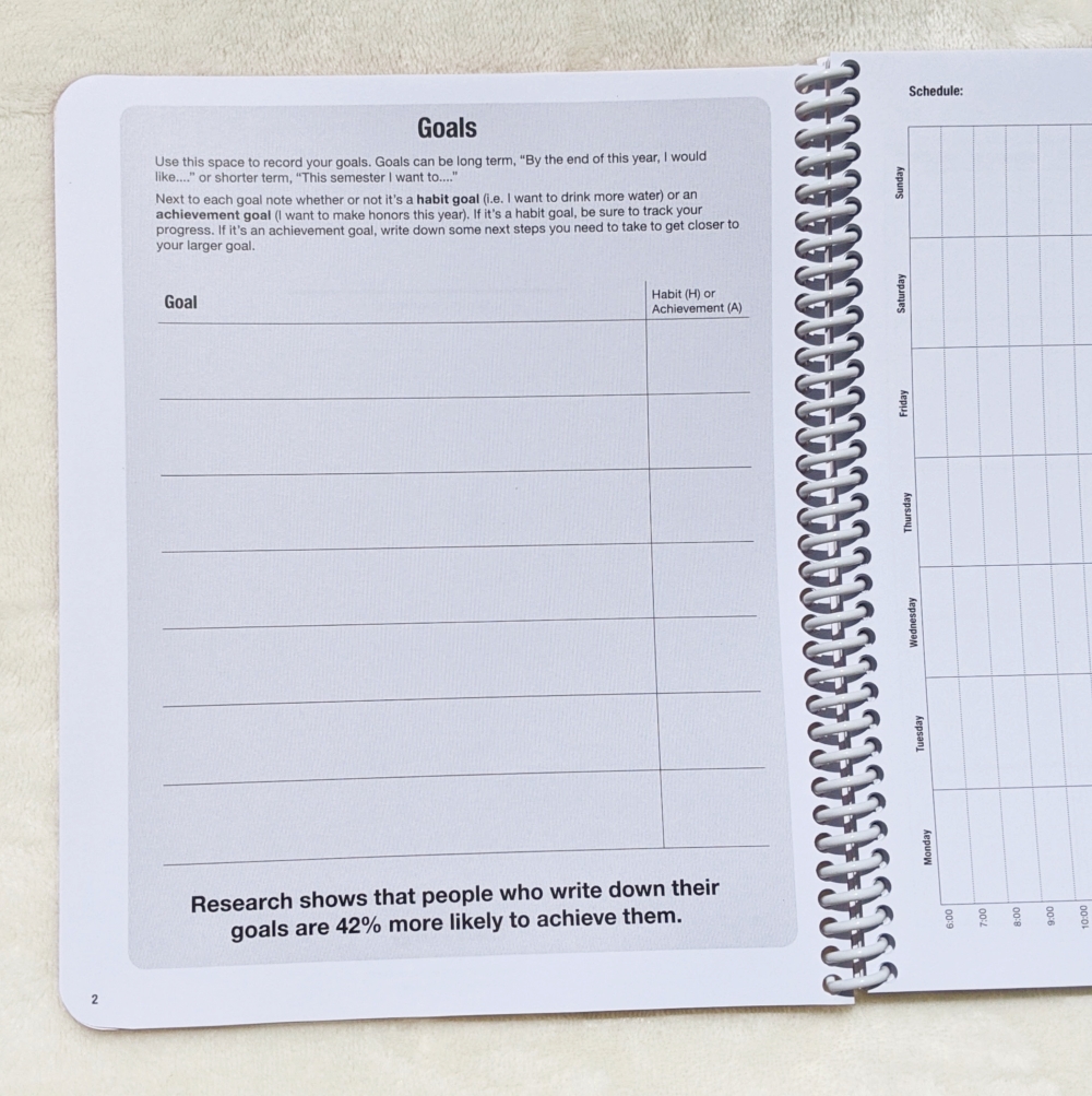closer view of the goals page in the ClassTracker planner