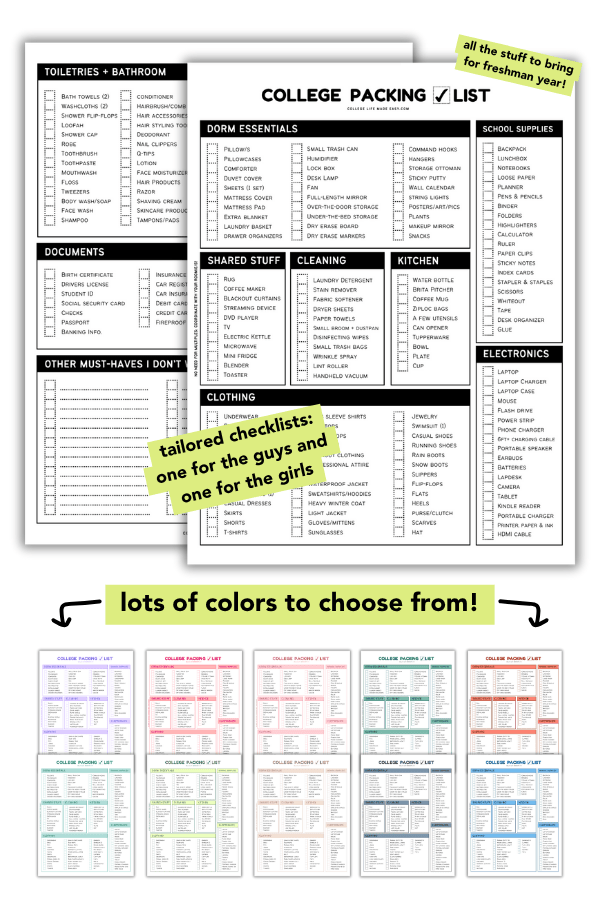college packing list template Pinterest 1 an example college packing checklist for freshman year move-in: one tailored for guys and one tailored for girls. Lots of colors to choose from!